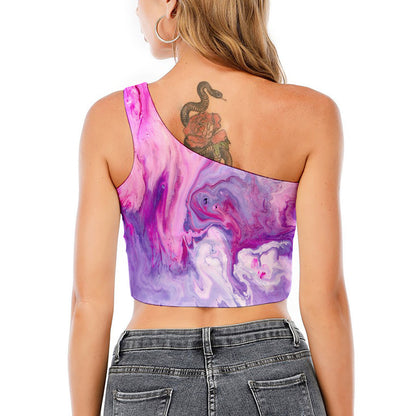 Purple Liquid Marble Print One Shoulder Crop Top