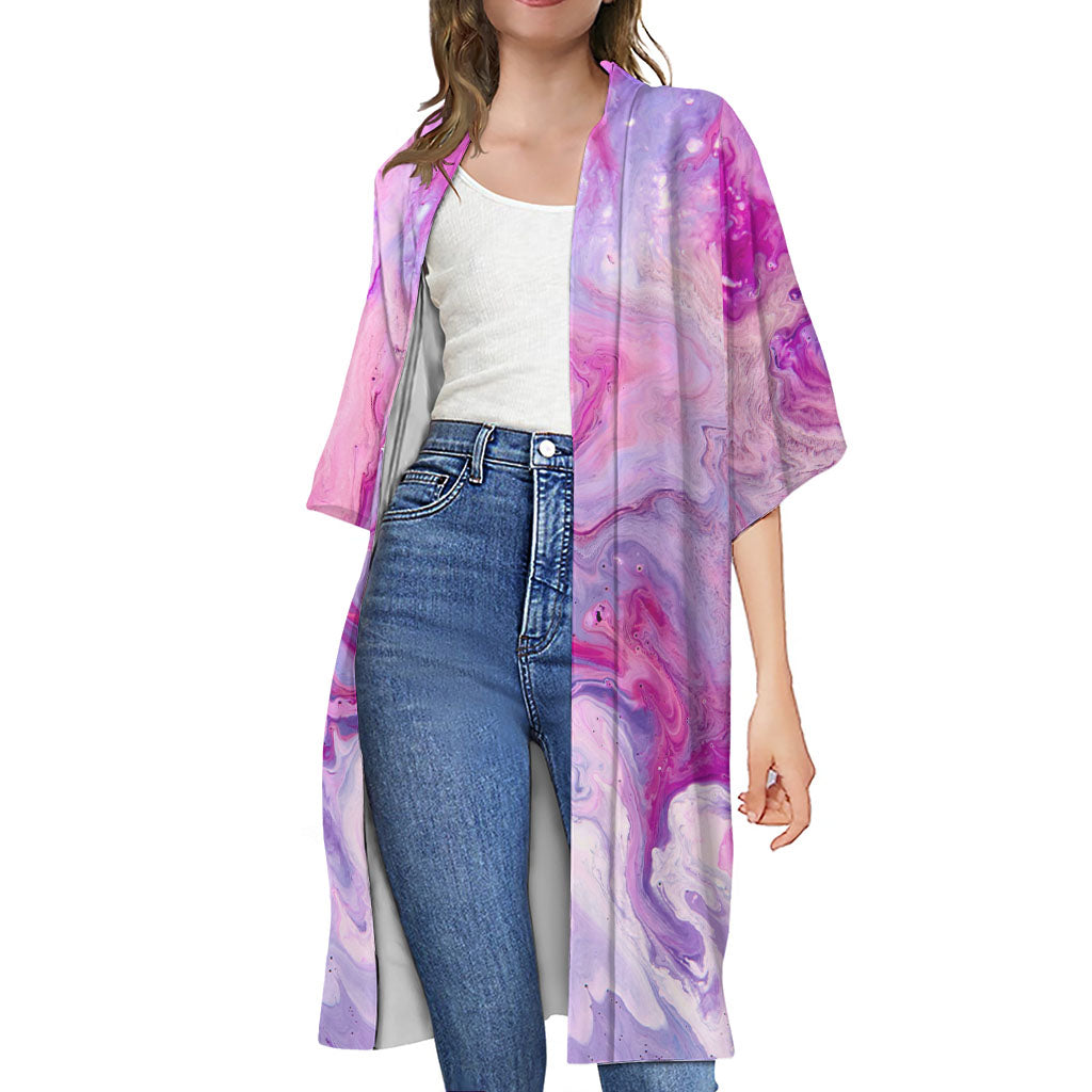 Purple Liquid Marble Print Open Front Beach Cover Up