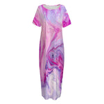 Purple Liquid Marble Print Short Sleeve Long Nightdress