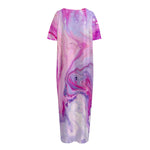 Purple Liquid Marble Print Short Sleeve Long Nightdress
