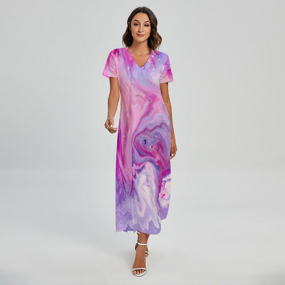 Purple Liquid Marble Print Short Sleeve Maxi Dress
