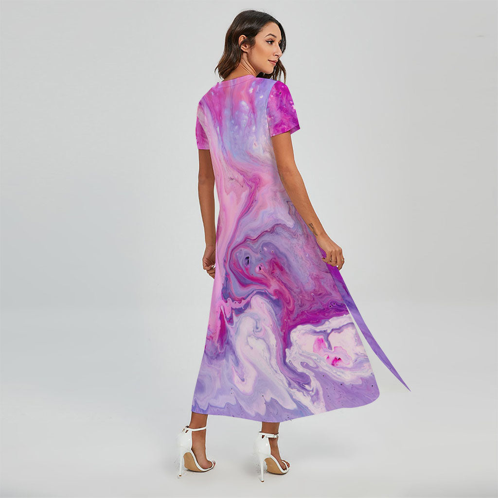 Purple Liquid Marble Print Short Sleeve Maxi Dress