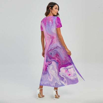 Purple Liquid Marble Print Short Sleeve Maxi Dress