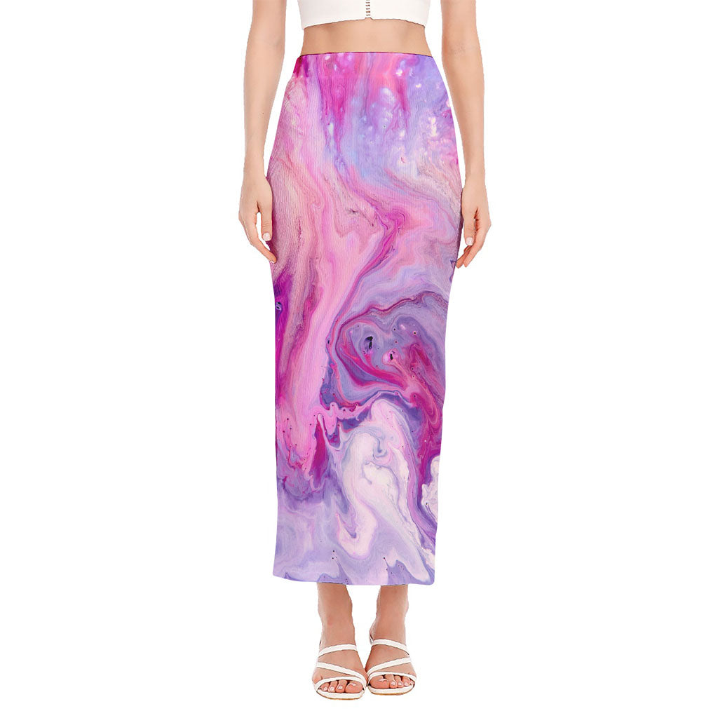 Purple Liquid Marble Print Side Slit Maxi Skirt