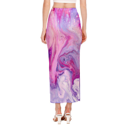 Purple Liquid Marble Print Side Slit Maxi Skirt