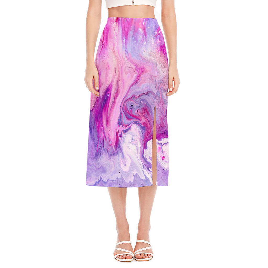 Purple Liquid Marble Print Side Slit Midi Skirt