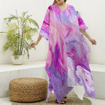 Purple Liquid Marble Print Silk V-Neck Kaftan Dress