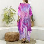 Purple Liquid Marble Print Silk V-Neck Kaftan Dress