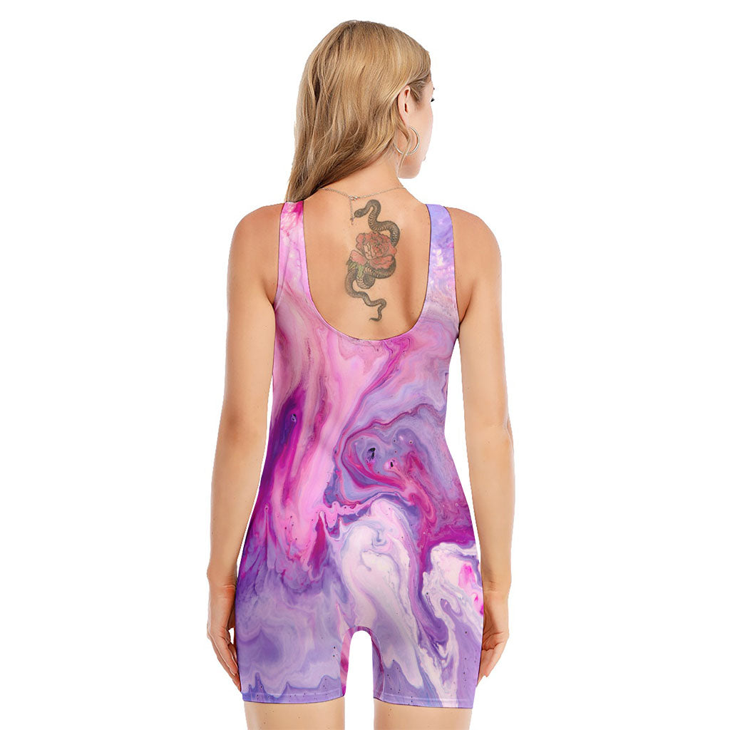 Purple Liquid Marble Print Sleeveless One Piece Swimsuit