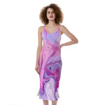 Purple Liquid Marble Print Slim Fit Midi Cami Dress