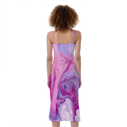 Purple Liquid Marble Print Slim Fit Midi Cami Dress