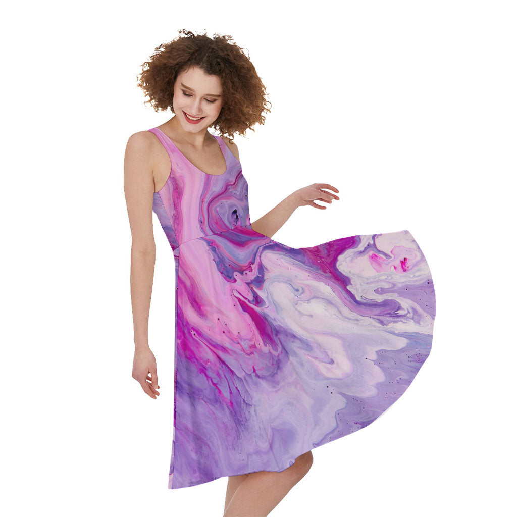 Purple Liquid Marble Print Women's Sleeveless Dress