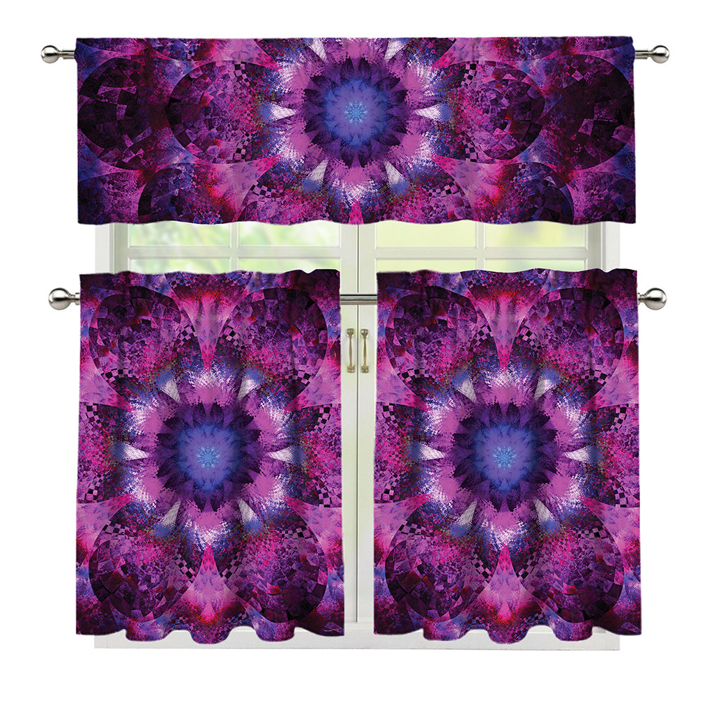 Purple Mandala Flower Print 3 Piece Kitchen Curtains