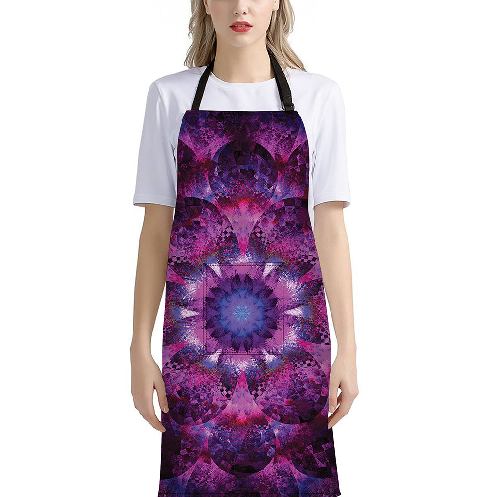 Purple Mandala Flower Print Bib Apron With Pocket