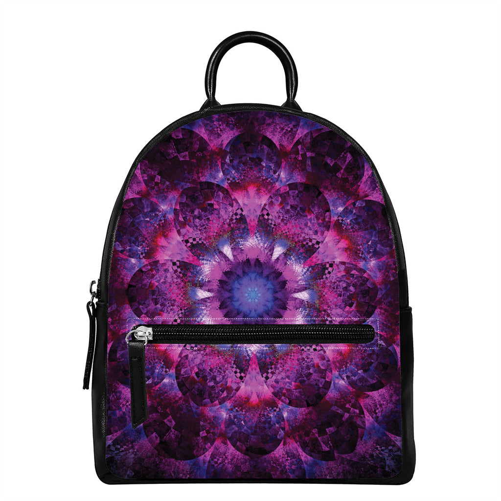 Purple Mandala Flower Print Leather Backpack