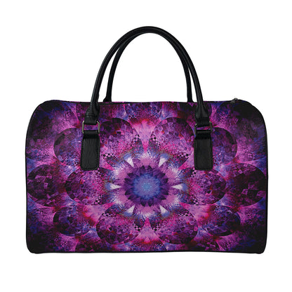 Purple Mandala Flower Print Leather Duffle Bag
