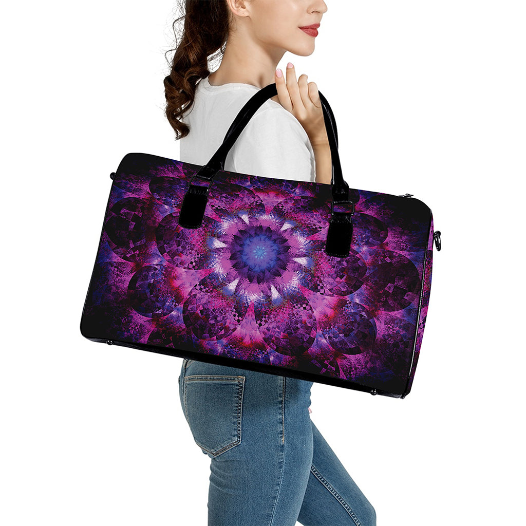 Purple Mandala Flower Print Leather Duffle Bag
