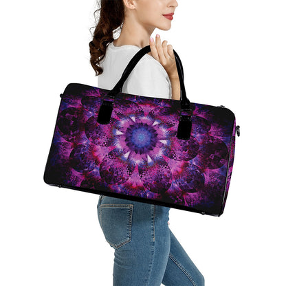 Purple Mandala Flower Print Leather Duffle Bag