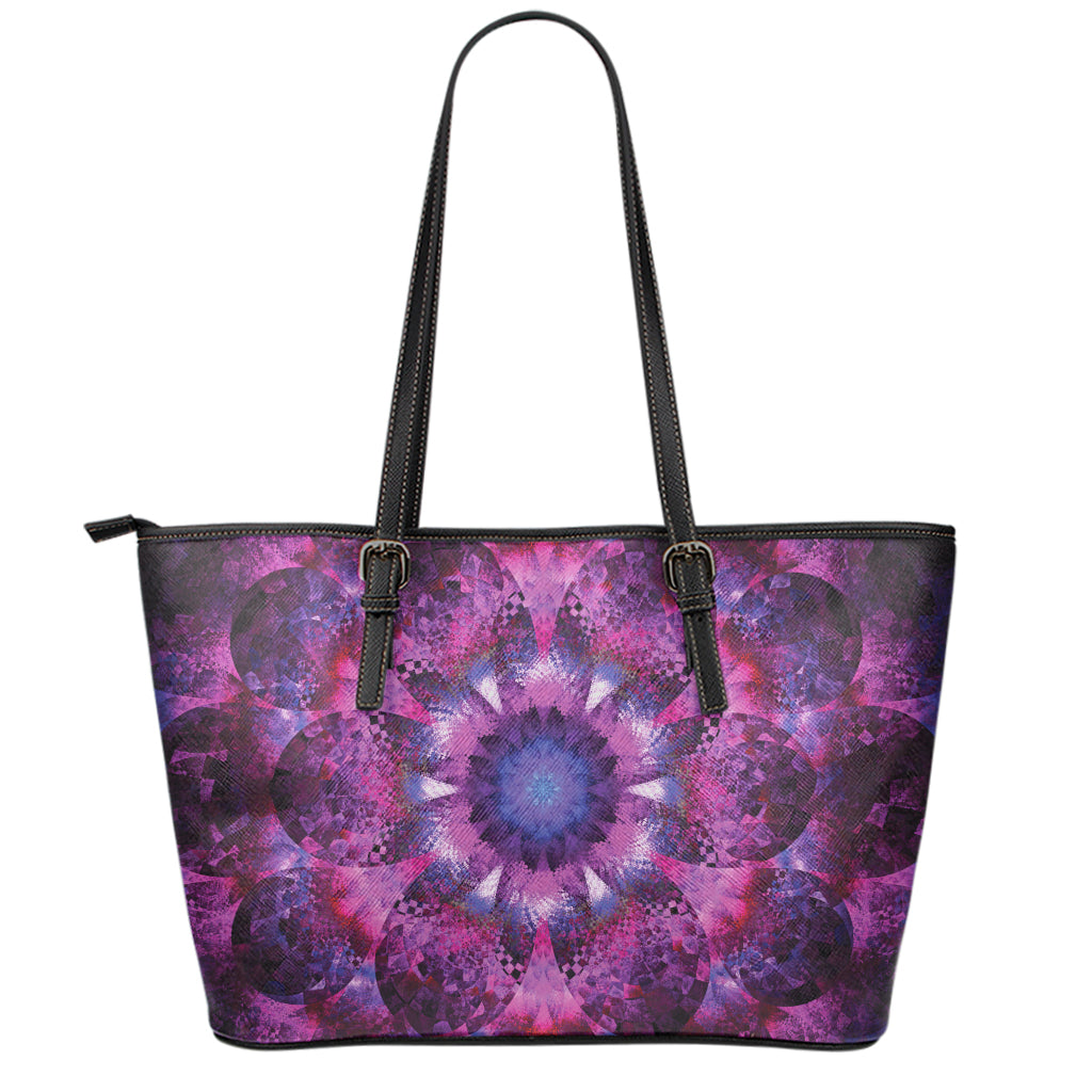 Purple Mandala Flower Print Leather Tote Bag
