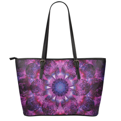 Purple Mandala Flower Print Leather Tote Bag