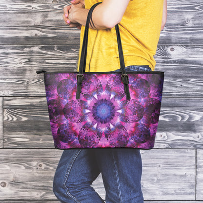 Purple Mandala Flower Print Leather Tote Bag