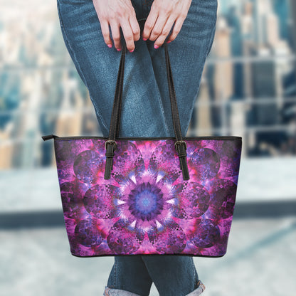 Purple Mandala Flower Print Leather Tote Bag