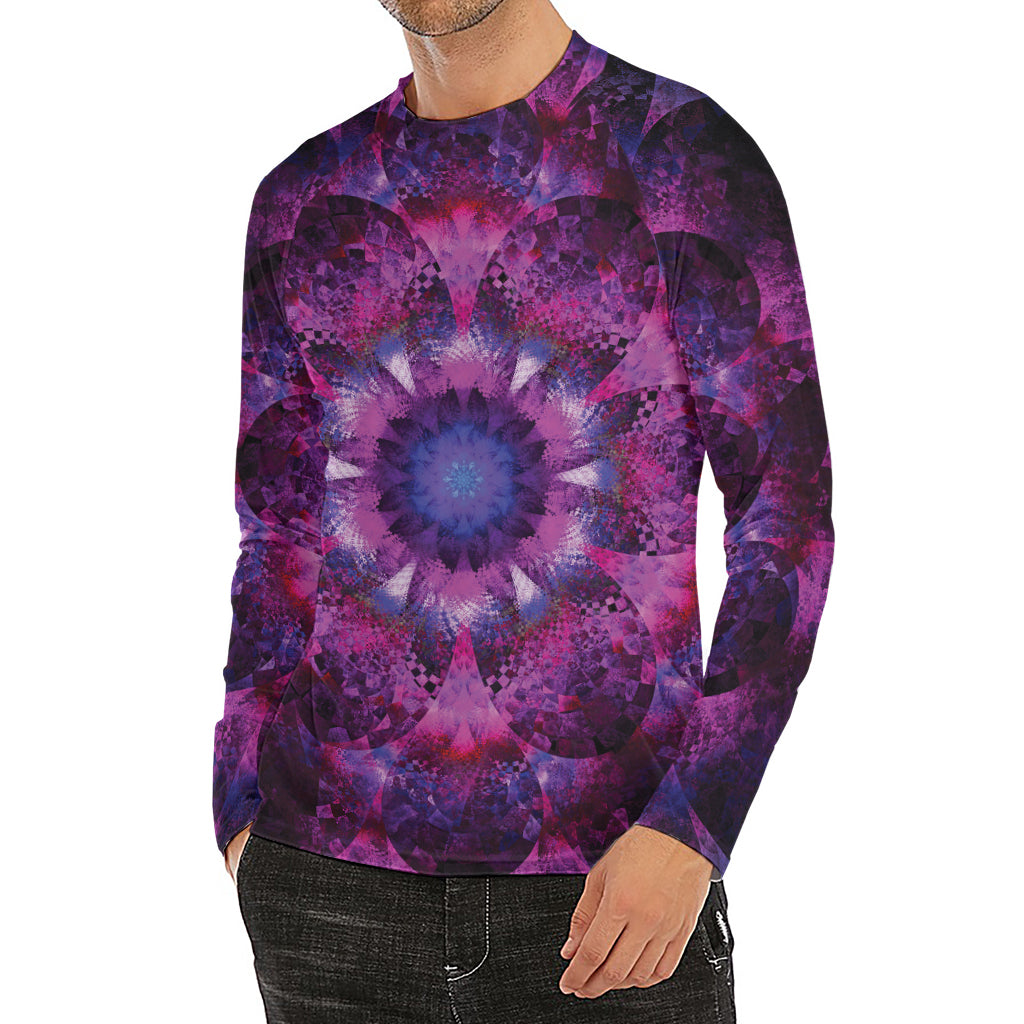 Purple Mandala Flower Print Men's Long Sleeve Rash Guard