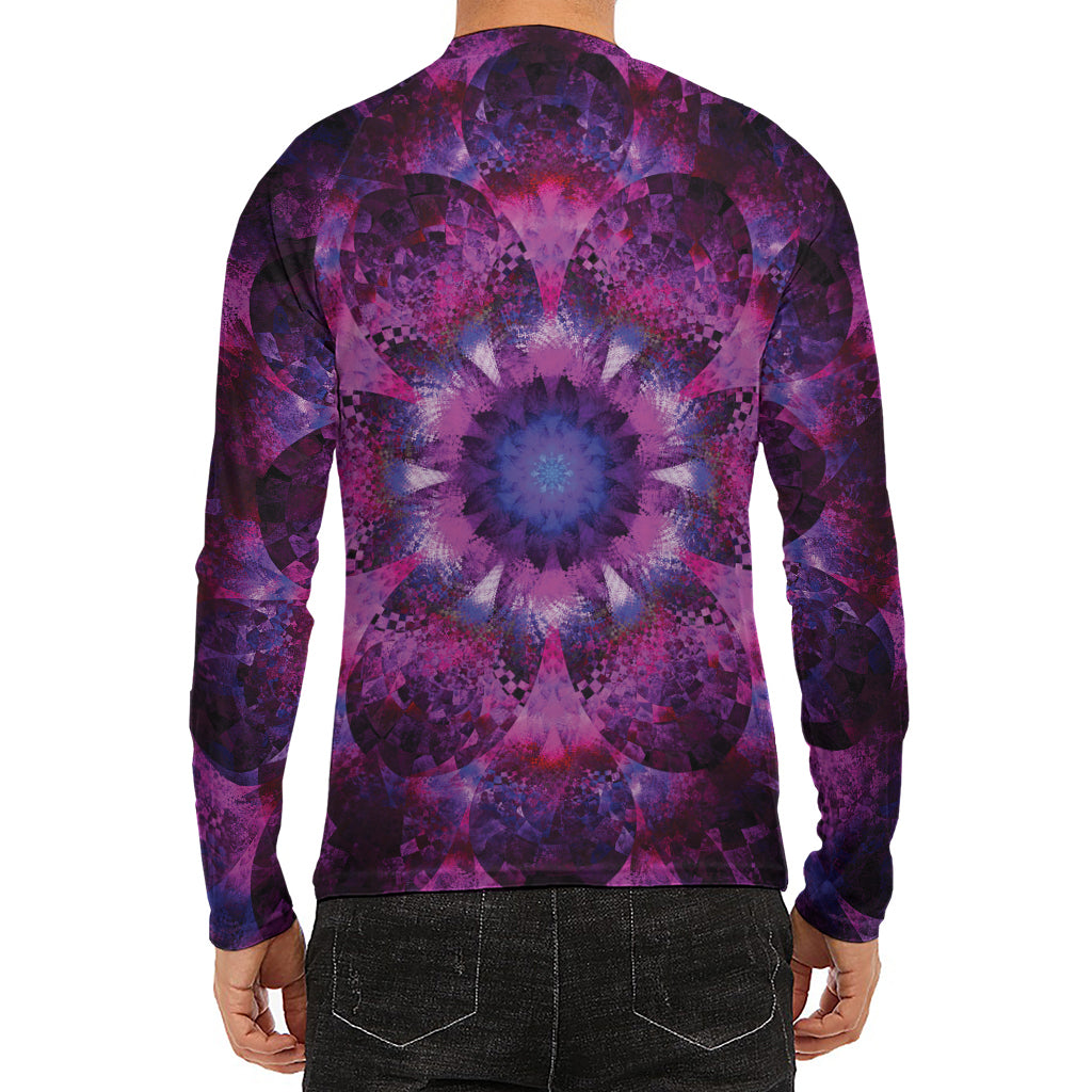 Purple Mandala Flower Print Men's Long Sleeve Rash Guard