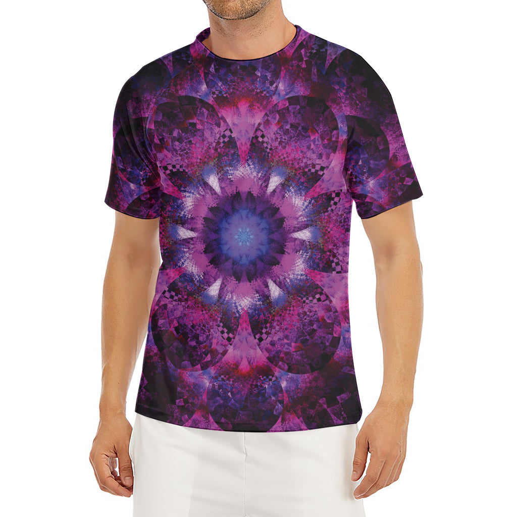Purple Mandala Flower Print Men's Short Sleeve Rash Guard