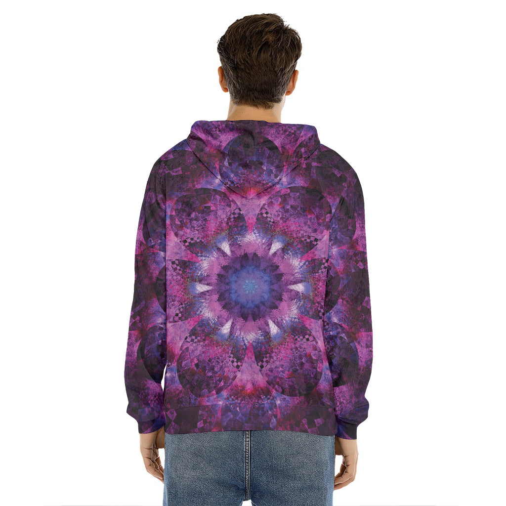 Purple Mandala Flower Print Men's Velvet Pullover Hoodie