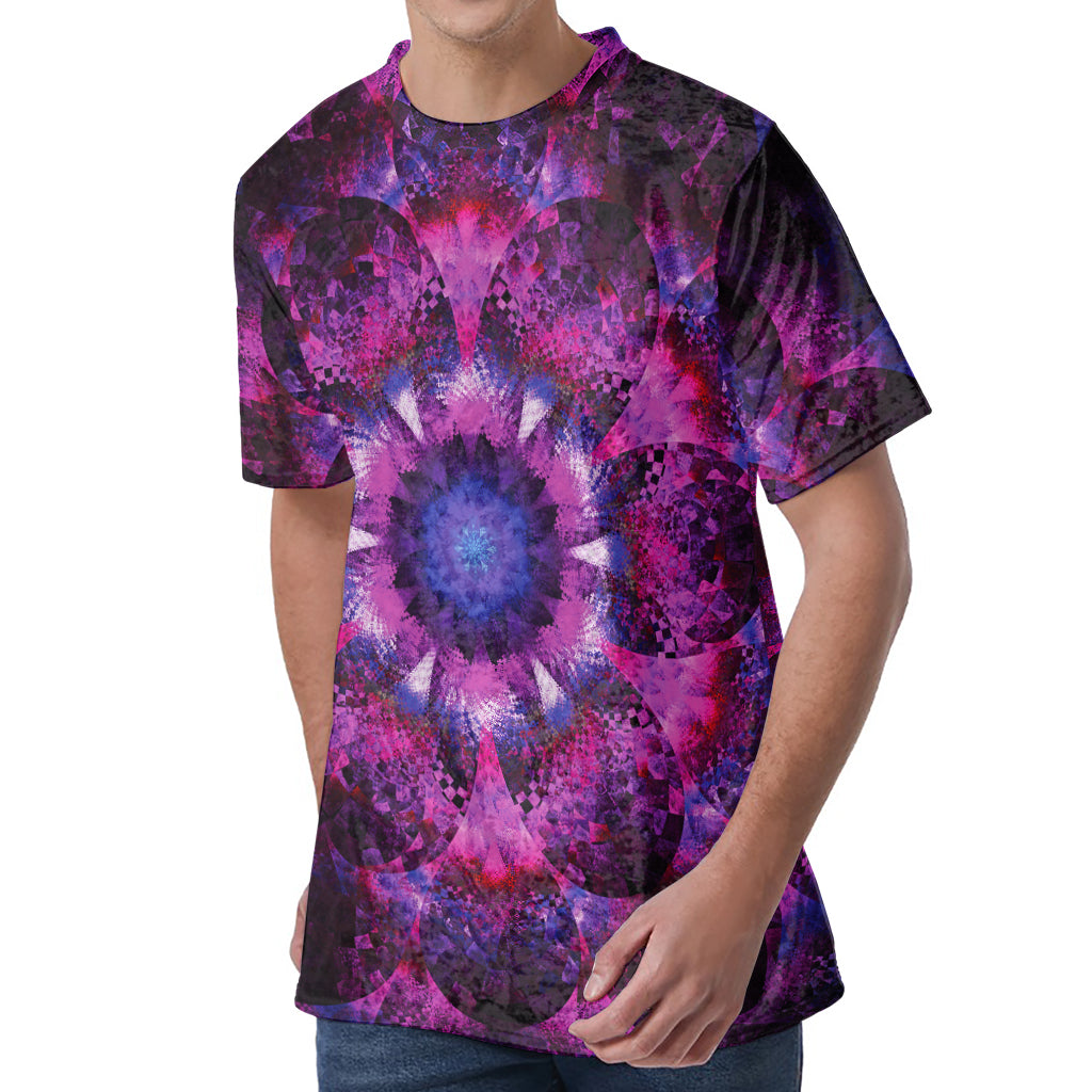 Purple Mandala Flower Print Men's Velvet T-Shirt