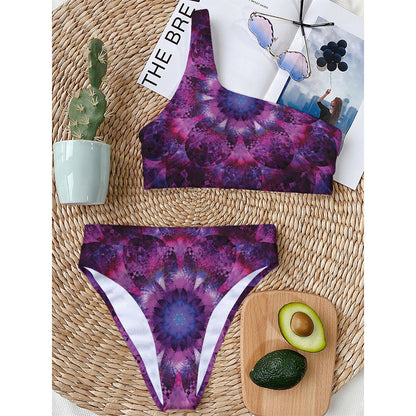 Purple Mandala Flower Print One Shoulder Bikini Top