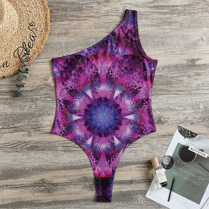 Purple Mandala Flower Print One Shoulder Bodysuit