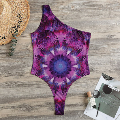 Purple Mandala Flower Print One Shoulder Bodysuit