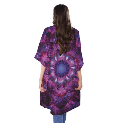 Purple Mandala Flower Print Open Front Beach Cover Up