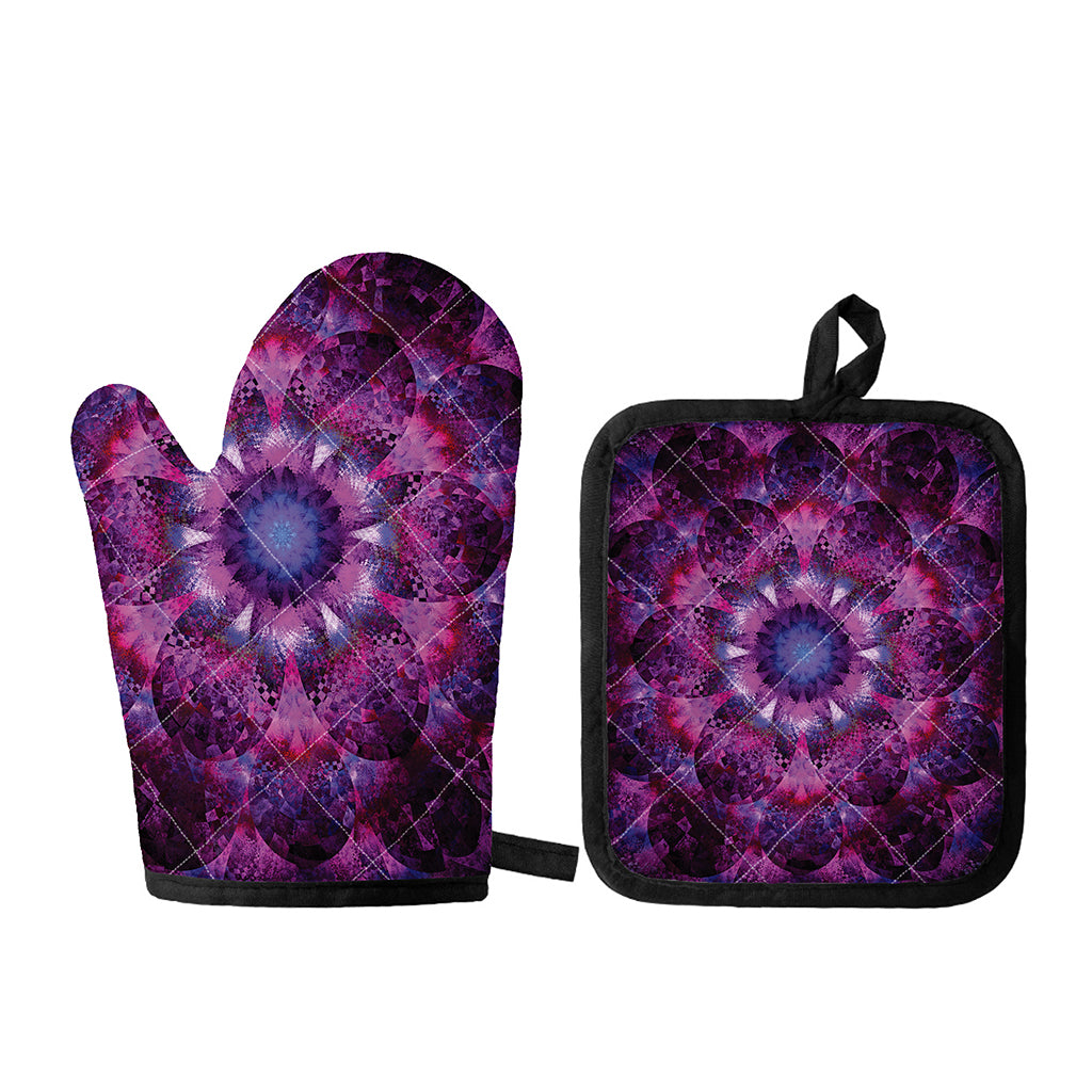 Purple Mandala Flower Print Oven Mitt And Pot Holder Set