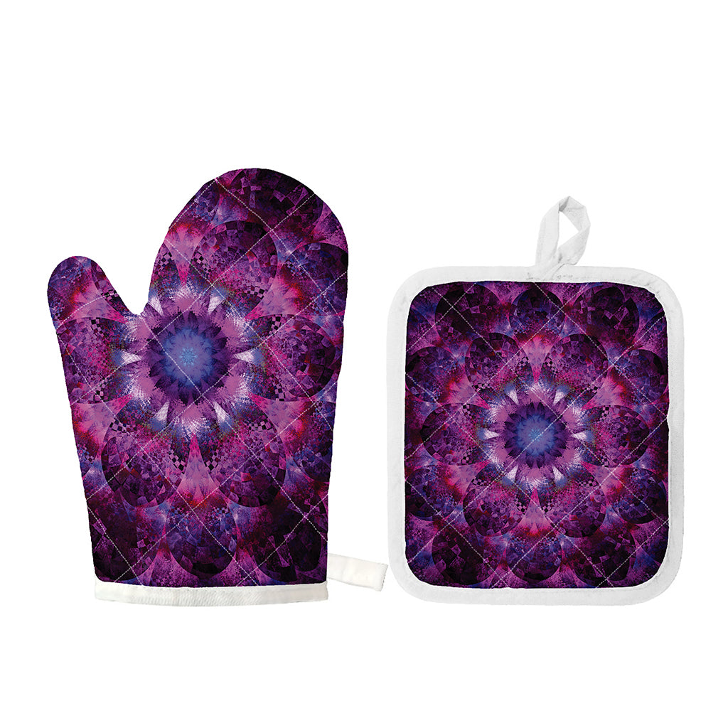 Purple Mandala Flower Print Oven Mitt And Pot Holder Set
