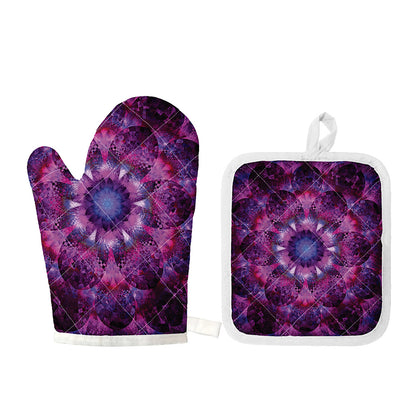 Purple Mandala Flower Print Oven Mitt And Pot Holder Set