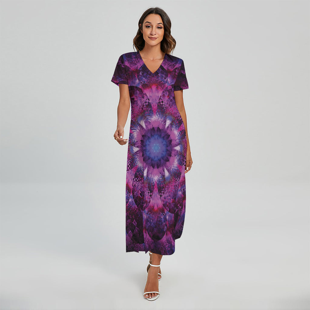Purple Mandala Flower Print Short Sleeve Maxi Dress