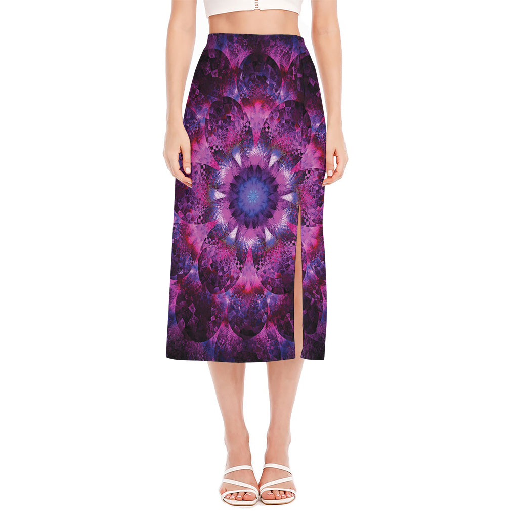 Purple Mandala Flower Print Side Slit Midi Skirt