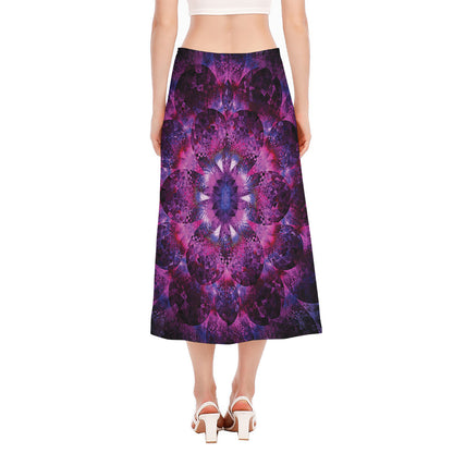 Purple Mandala Flower Print Side Slit Midi Skirt