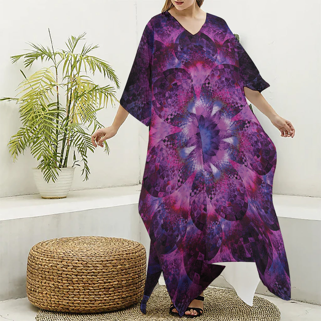 Purple Mandala Flower Print Silk V-Neck Kaftan Dress