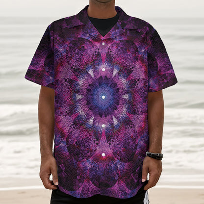 Purple Mandala Flower Print Textured Short Sleeve Shirt