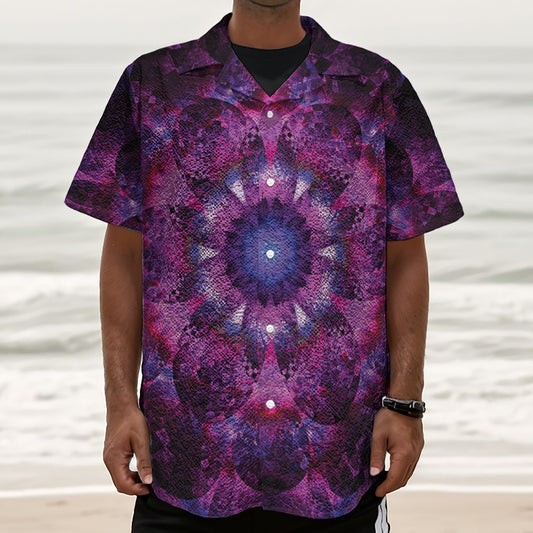 Purple Mandala Flower Print Textured Short Sleeve Shirt