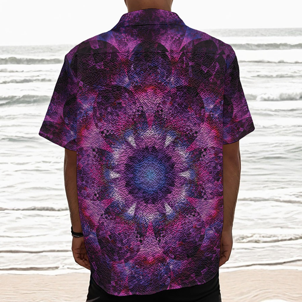 Purple Mandala Flower Print Textured Short Sleeve Shirt