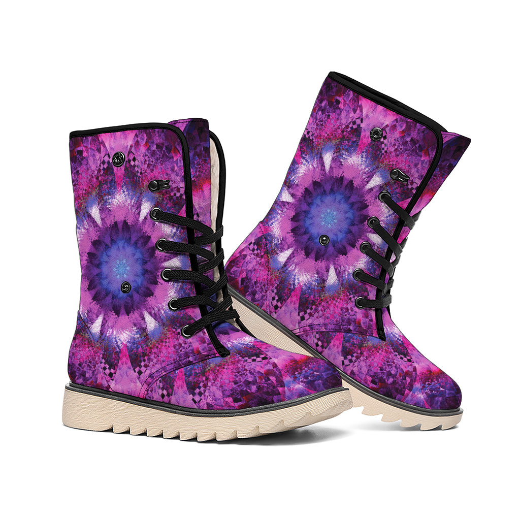 Purple Mandala Flower Print Winter Boots