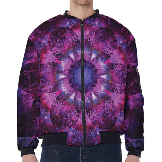 Purple Mandala Flower Print Zip Sleeve Bomber Jacket