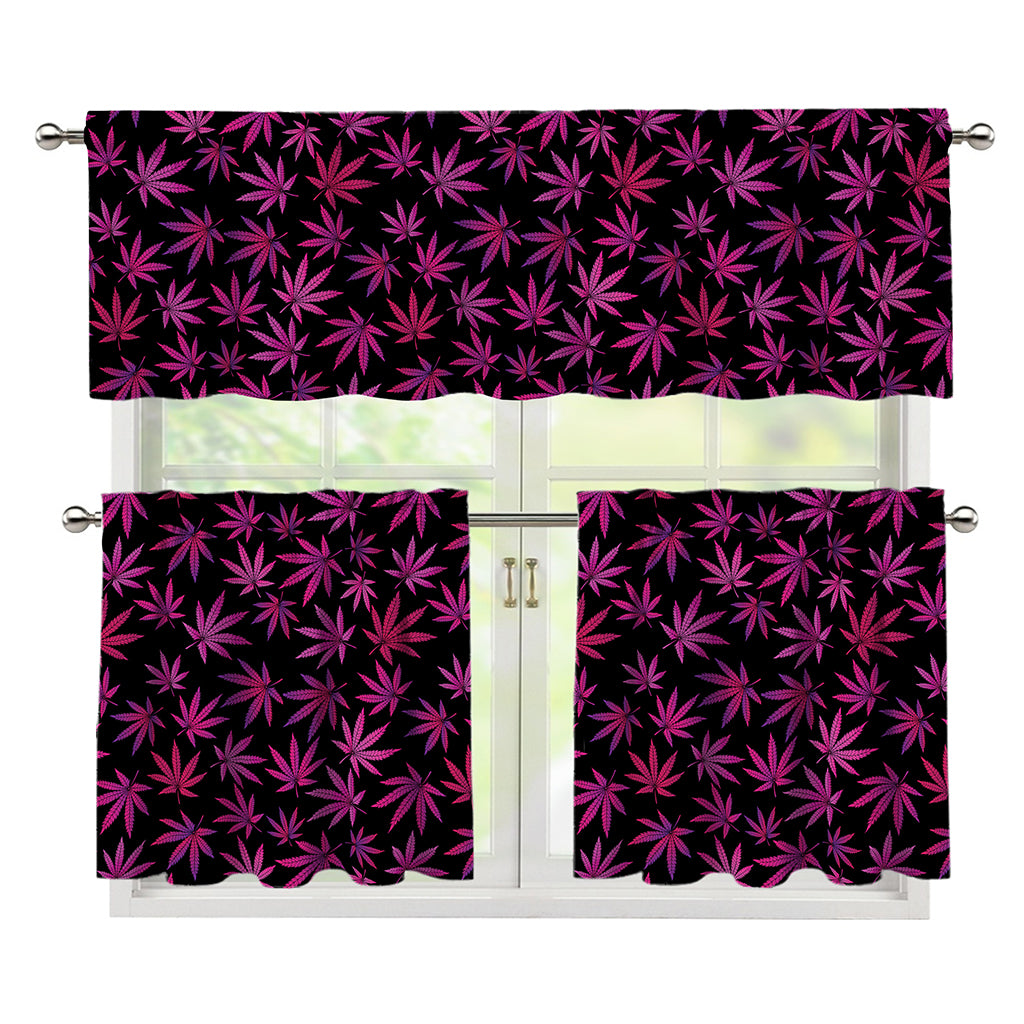 Purple Marijuana Leaf Pattern Print 3 Piece Kitchen Curtains