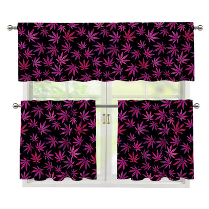 Purple Marijuana Leaf Pattern Print 3 Piece Kitchen Curtains