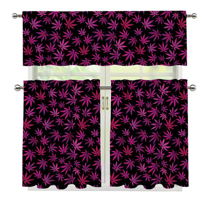 Purple Marijuana Leaf Pattern Print 3 Piece Kitchen Curtains